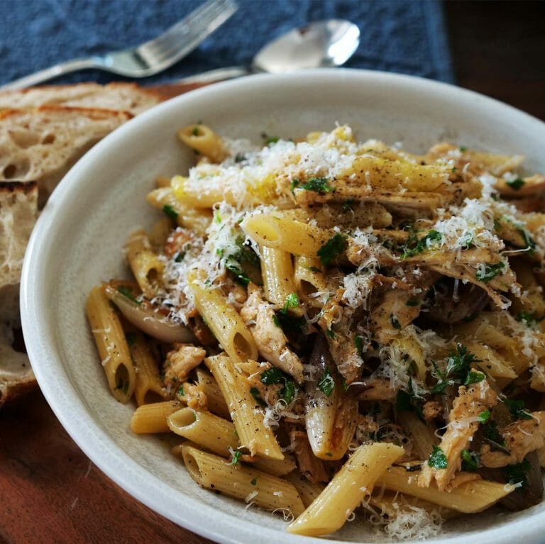 Easy herb and cheese pasta made with leftover roast chicken