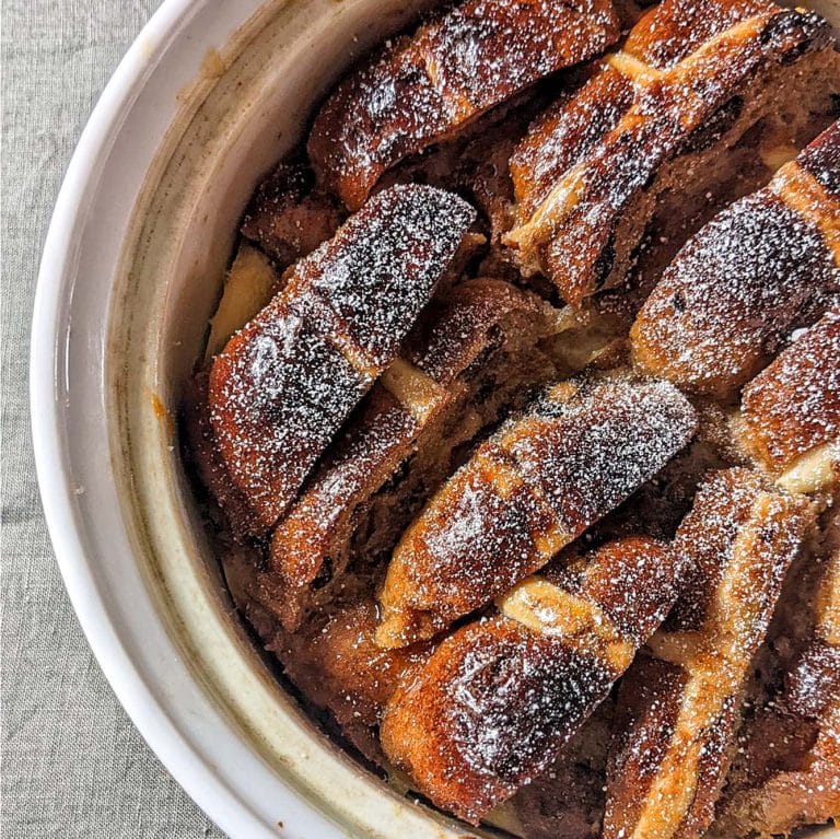 Hot cross bun bread and butter pudding