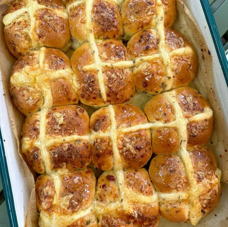 Hot cross buns with cheddar, jalapeño and honey