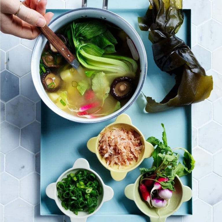 Miso soup with bok choy, potato and radish from In Praise of Veg