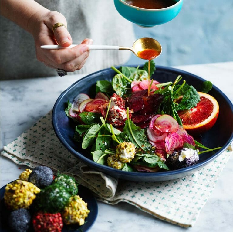 No-bake beet salad with rainbow labneh balls from In Praise of Veg