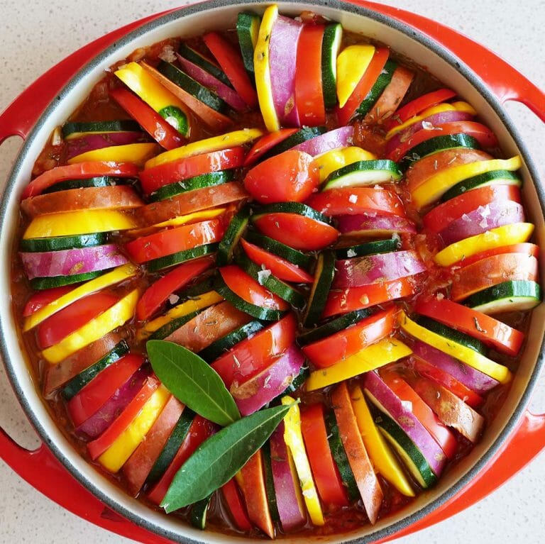 Rainbow vegetable bake with zucchini, tomato, sweet potato and squash