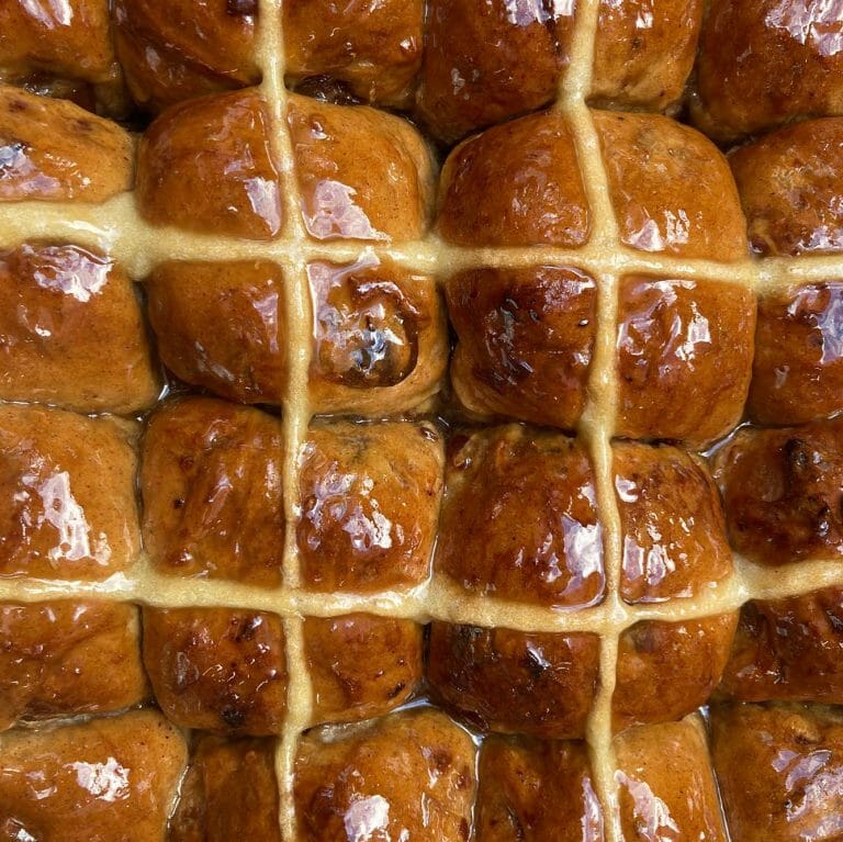 Sticky date hot cross buns with butterscotch glaze