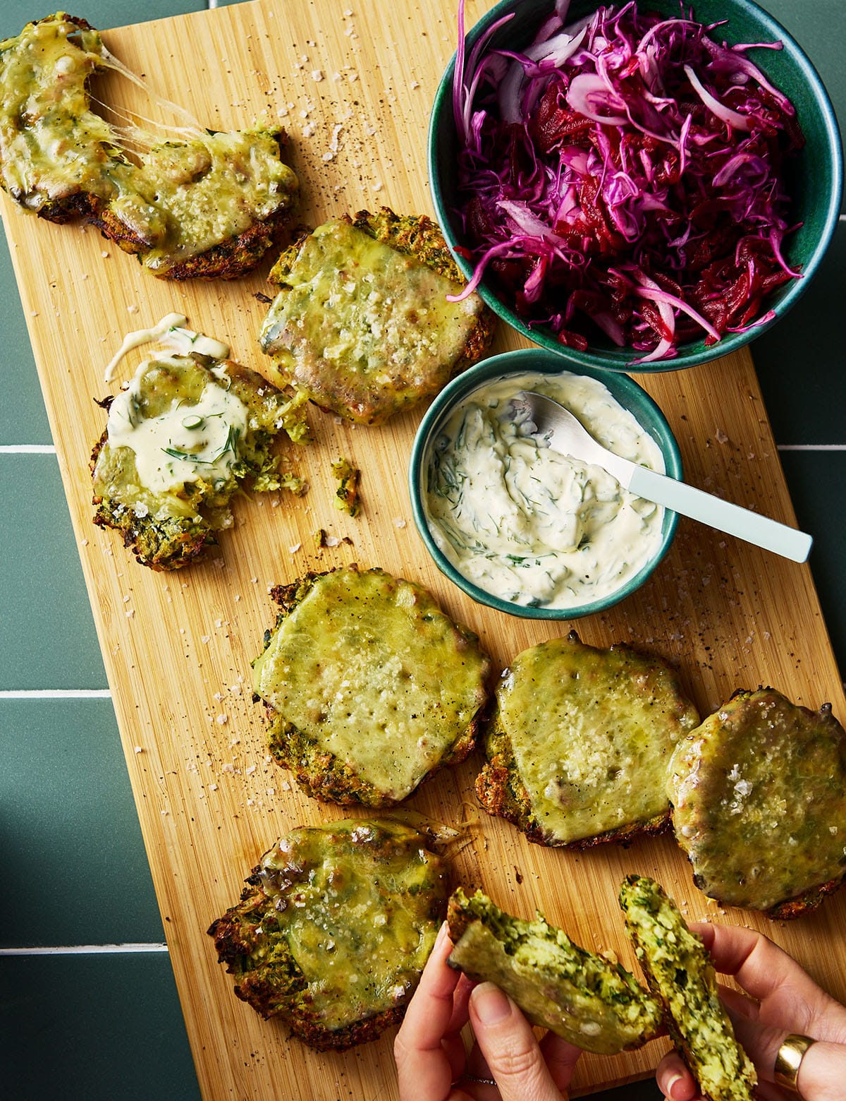 Cheesy Brocc Smash Burgers + Ruby Slaw + Dilly Dipper