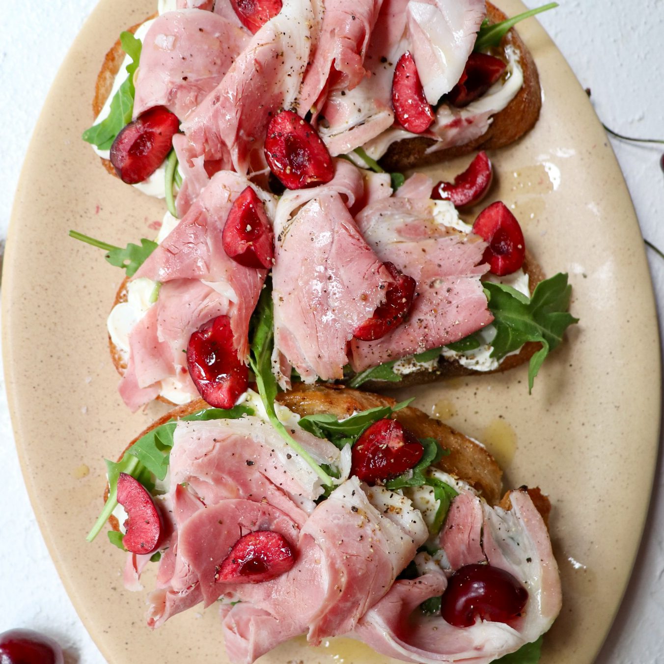 Bruschetta W Fresh Cherries, Leftover Ham And Mascarpone 