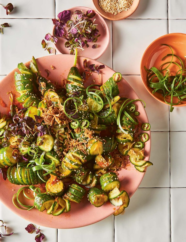 Cucumber corkscrews with gochujang dressing