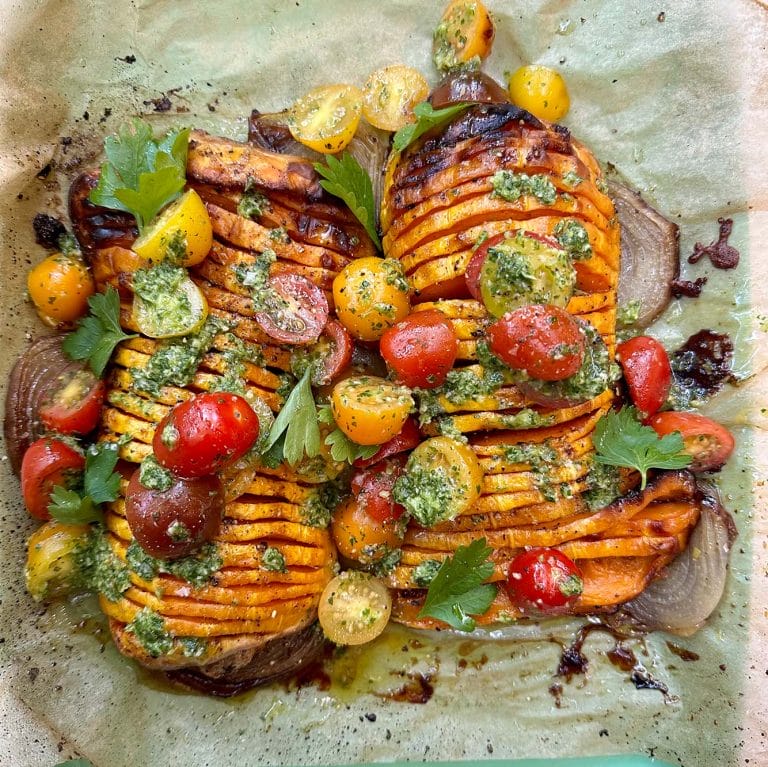 Hasselback butternut squash with cherry tomato tumble