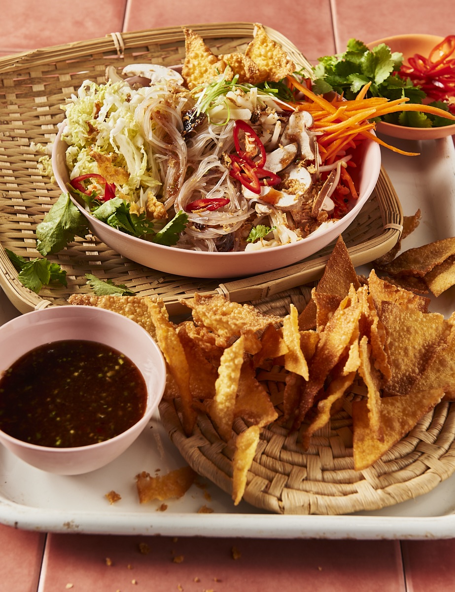 Rock ’n’ roll salad with plum dressing and crispy bits