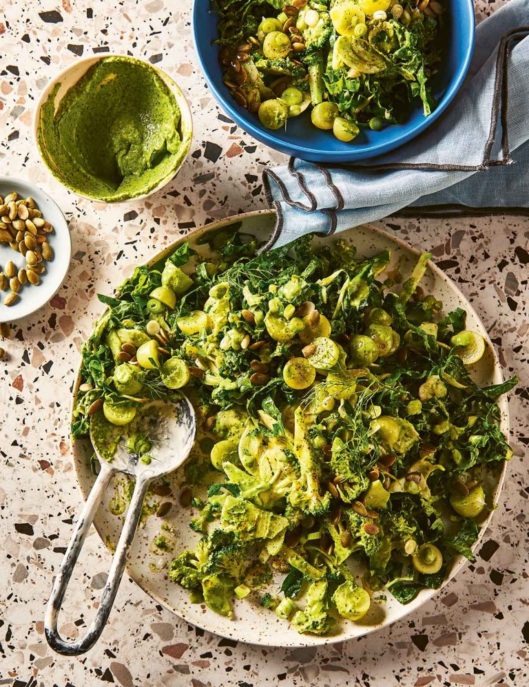 Silverbeet & broccoli tumble with herby avocado dressing