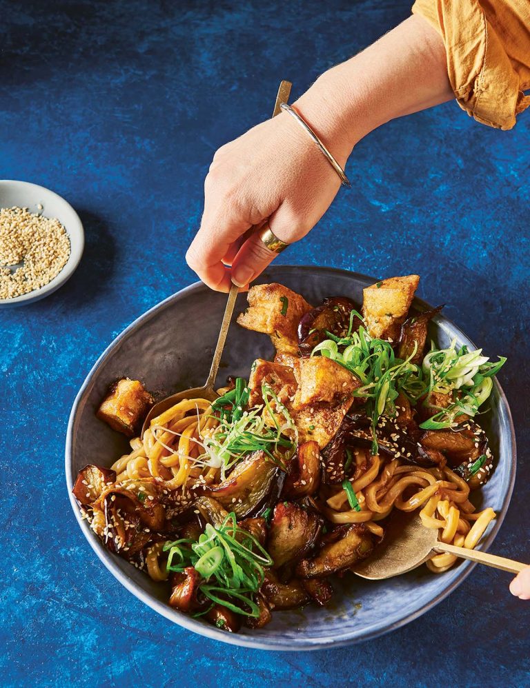 Sticky eggplant, tofu and noodle salad