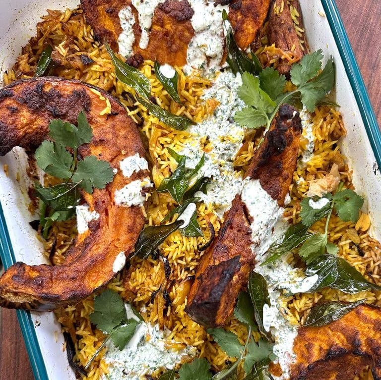 Tray bake pumpkin wedge rice salad